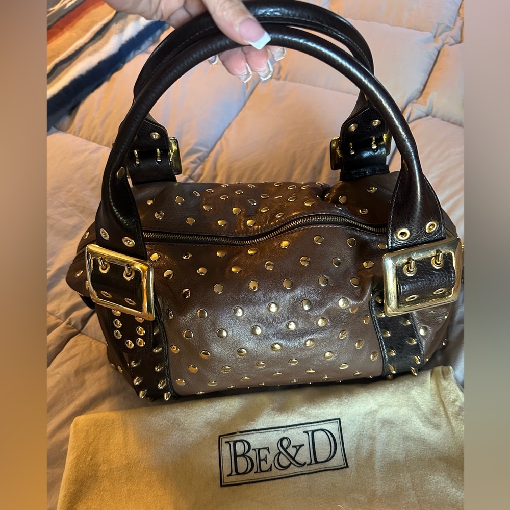 BE & D Brown Studded  Leather Duffel Handbag